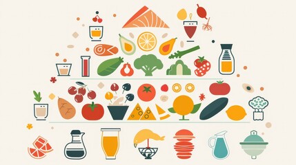 An infographic illustrating the benefits of a balanced diet, with icons representing different food groups and ample copy space for explanations