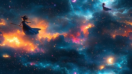 Obraz premium Little witches flying on their broomsticks, surrounded by twinkling stars, glowing moons, and colorful magical sparkles, soft clouds below and a whimsical night sky above, vibrant and cheerful,