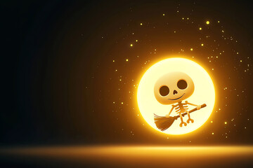 A whimsical skeleton character flying on a broom, surrounded by a golden glow, perfect for Halloween-themed designs.