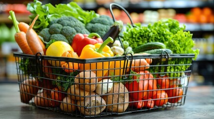 A detailed view of a grocery basket filled with healthy food options, with a clean background and ample copy space for grocery shopping tips