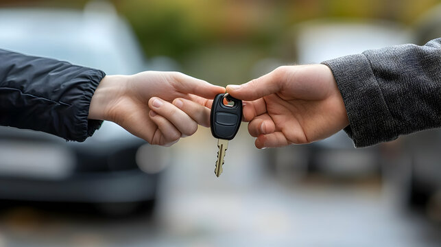 Two hands exchanging car keys in a parking area.
