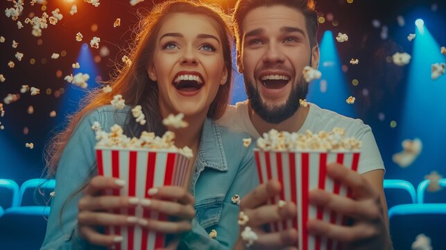 Delighted Boyfriend and Girlfriend Experiencing the Fun of Popcorn Exploding Around Them in a Colorful, Energetic Theater Setting, Reflecting Their Shared Joy and Excitement