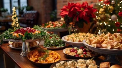 Festive buffet table with christmas and new year treats, poinsettias, and lights sets the stage for a memorable office celebration
