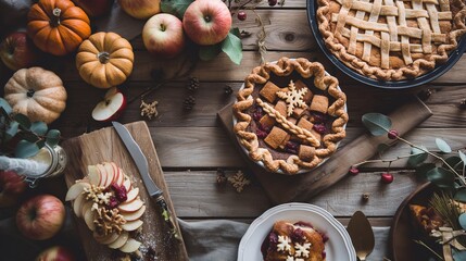 Fototapeta premium Freshly baked apple and pumpkin pie on rustic table, evoking cozy autumn vibes with warm aromas and golden lattice crust, perfect for fall celebrations