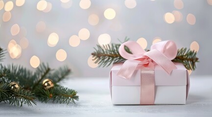 a beautifully wrapped gift box with a pink ribbon, set against a festive backdrop featuring pine branches and twinkling lights