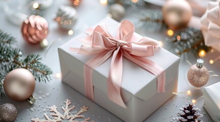a beautifully wrapped gift box with a pink ribbon, set against a festive backdrop featuring pine branches and twinkling lights