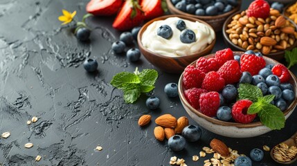 A detailed view of a healthy breakfast spread with fruits, yogurt, and whole grains, with a clean background and lots of copy space for breakfast ideas