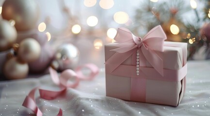 Fototapeta premium a beautifully wrapped gift box with a pink ribbon, set against a festive backdrop featuring pine branches and twinkling lights