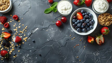 A detailed view of a healthy breakfast spread with fruits, yogurt, and whole grains, with a clean background and lots of copy space for breakfast ideas
