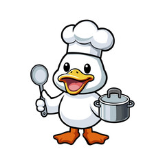 a duck with a spoon in his hand and a pot of food in the background.