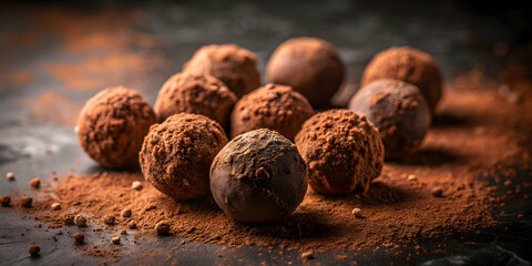 Chocolate Indulgence: A tempting pile of rich, dark chocolate truffles dusted in cocoa powder, set against a dark, moody background.