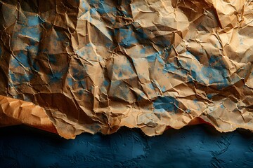 Naklejka premium Crumpled Painted Paper Surface with Blue and Brown Textures for Artistic Backgrounds and Design Projects