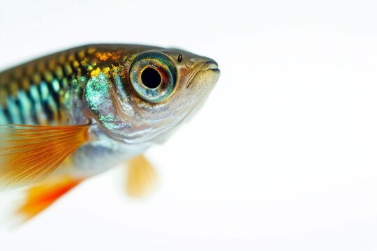 Mystic portrait of Endler's Guppy Fish in studio, copy space on right side, Close-up View, isolated on white background
