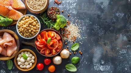 A close-up of a well-balanced meal with various healthy components, with a minimalist background and plenty of copy space for meal suggestions