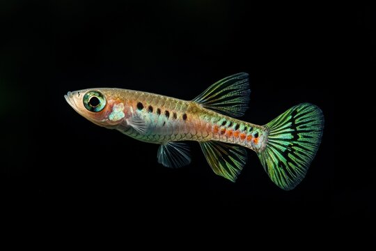 the beside view Endler's Guppy Fish, Isolated on dark Background
