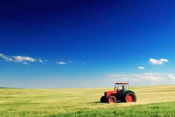 A farmer driving a red tractor through a vast, green field under a clear blue sky, symbolizing agriculture, farming, and rural life.