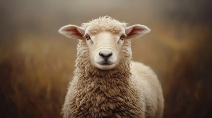 Oil painting style, a sheep in rich, earthy tones with detailed wool texture and a serene expression, set against a pastoral landscape.