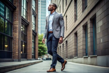 Man walking through urban city street in stylish business attire during daytime