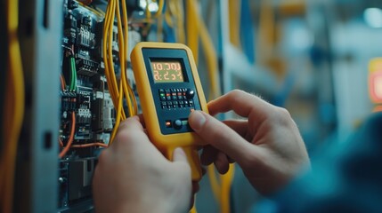 Electrician Working with a Multimeter on a Panel