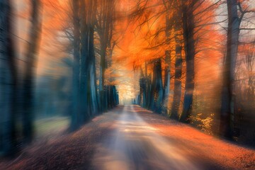 Fototapeta premium Trail in the woods. Road in the autumn park. Blur abstract autumn illustration for poster, music album, book cover, wallpaper, screen saver