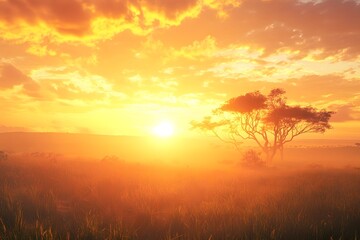 Obraz premium Golden Sunset Landscape with Silhouetted Tree