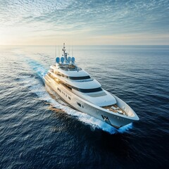 Fototapeta premium Luxury Yacht at Sunset: A sleek, white yacht cuts through the azure waters, leaving a glistening wake as the sun dips below the horizon, creating a breathtaking scene of opulence and freedom. 