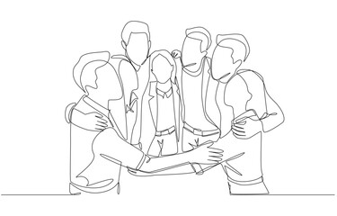 Continuous one line drawing of group of young employees hugging each other happily, teamwork and collaboration concept, single line art.