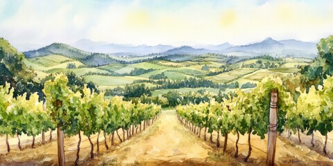 Naklejka premium Breathtaking Vineyard Landscape in Watercolor: A Serene View of Rolling Hills and Lush Grape Vines