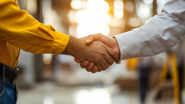 Two people shaking hands in a business setting with warm lighting.