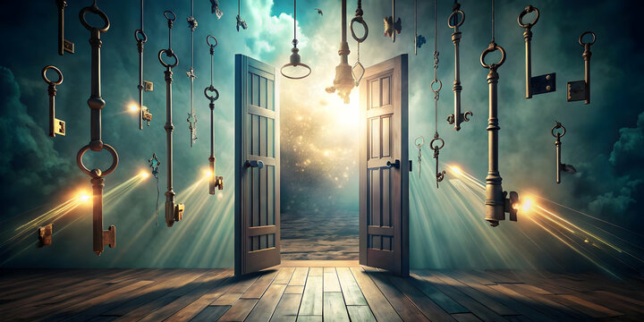The Keys to Enlightenment: An ethereal portal beckons, bathed in celestial light, as antique keys dance and dangle, symbolizing infinite possibilities and the quest for hidden truths.