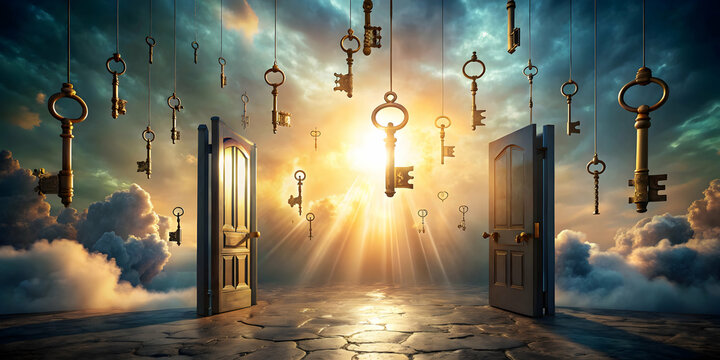 Keys to the Divine: Two majestic doors stand on a cloud-kissed pathway, illuminated by ethereal sunlight as antique keys dangle from the heavens, symbolizing infinite possibilities and spiritual journ