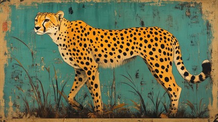 Woodblock print style, a cheetah portrayed with traditional woodblock techniques, emphasizing strong lines and a classic, graphic look.