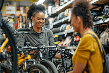 Obraz premium Cheerful saleswoman helps a woman choose a bike in a modern shop filled with cycling gear, reflecting a healthy lifestyle