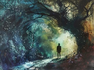 Fototapeta premium A lone figure stands at the edge of a mysterious, ethereal forest, bathed in a soft, glowing light.