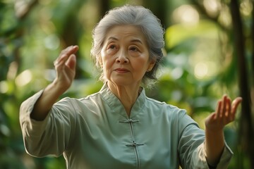 An elderly woman of Asian descent practicing physical exercises outdoors, engaging in fitness activities in a natural setting, promoting health and wellness