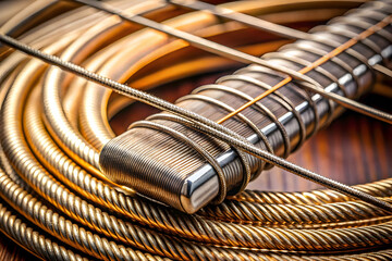 Golden Tones: A close-up of a guitar's intricate bridge, adorned with gleaming gold strings, showcasing the craftsmanship of musical artistry. 