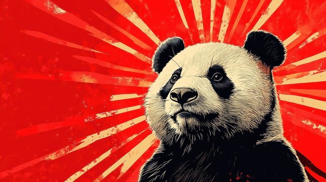 Woodblock print style, a panda illustrated with bold, graphic lines and traditional woodblock techniques, featuring a classic, stylized appearance.