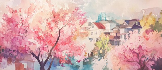 Serene Watercolor Depiction of Cherry Blossoms and Charming Homes in a Tranquil Spring Landscape
