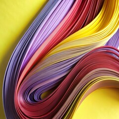 Colorful paper strips are artistically arranged in flowing, wave-like patterns against a yellow background.