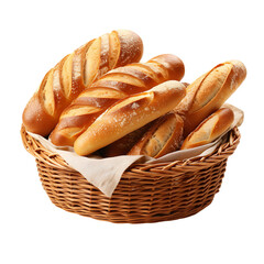 Bread in a basket isolated on transparent and white background
