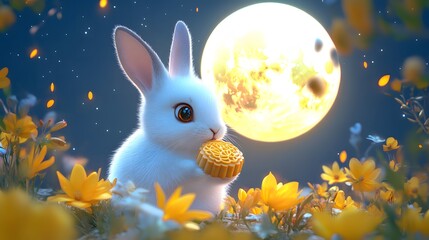 Cute white rabbit eating mooncake under the full moon with yellow flowers.