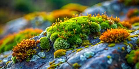 Vibrant Moss on Rock: A captivating close-up of vibrant green and orange moss thriving on a textured rock, showcasing the beauty of nature's intricate details.