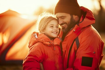 Fototapeta premium A joyful moment between a father and daughter outdoors, both wearing bright winter jackets.