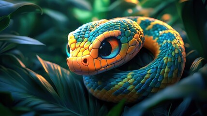 Fototapeta premium Cartoon art style, a snake with exaggerated features and playful expressions, rendered in bright, vivid colors and a whimsical setting.