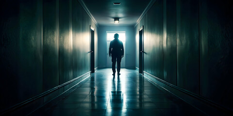 Solitary Walk in a Dark Hallway: A lone figure walks away from the viewer, bathed in a single, bright light at the end of a long, dark hallway. The image evokes a sense of mystery and isolation.  