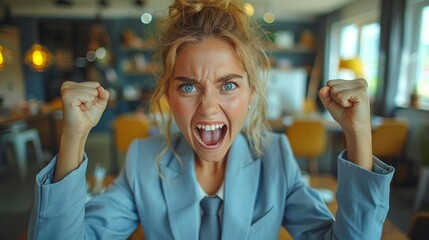 In a lively café setting, a woman with blue eyes and tousled hair shows strong emotion, clenching her fists and shouting, showcasing her impatience and frustration