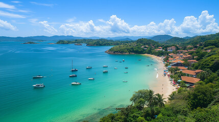 Fototapeta premium A tropical beach with turquoise waters and sandy shores surrounded by green hills and houses with red roofs. Several boats float on the calm ocean, stretching toward the horizon where the sky