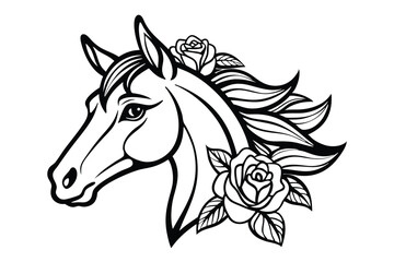 Coloring page for  kids, Horse head with flowers line art vector illustration