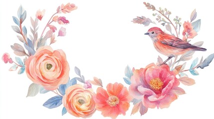 Charming Watercolor Floral Composition with Bird: A Delicate Nature-Inspired Artwork