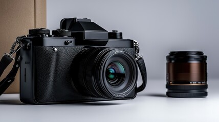 A sleek black camera with a lens, elegantly positioned against a minimalistic background, perfect for photography enthusiasts.